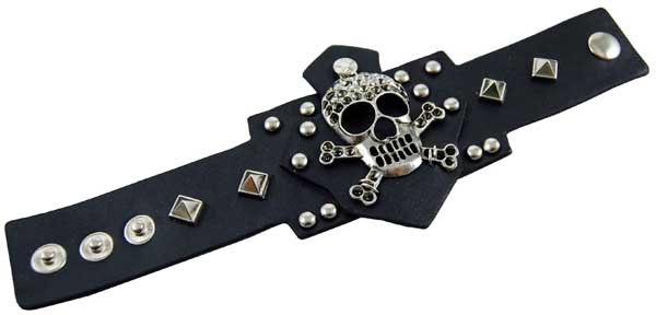 Bracelet Black Skull And Bones With Studs Leather Look