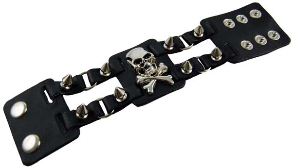 Bracelet Black Skull And Bones With Studs Leather Look