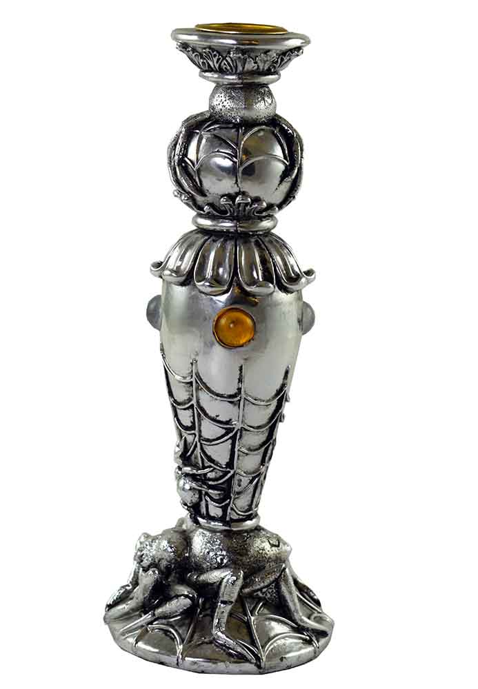 Candle Holder Skull Silver Colour With Web Design 7.5X7.5X20.5cm