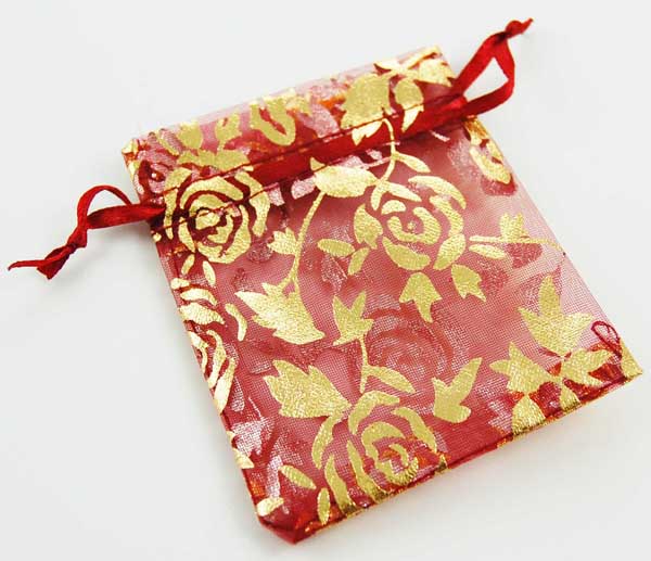 Pouch Mesh Red With Gold Floral Design 7x9cm