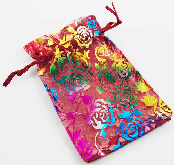 Pouch Mesh Red With Multi Colour Floral Design 13.5x8.5cm