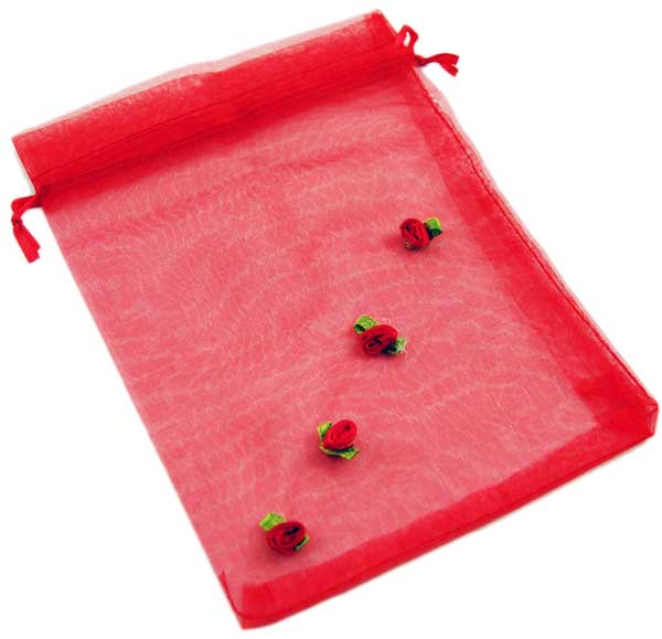 Pouch Mesh Red With Flowers 12.5x17cm