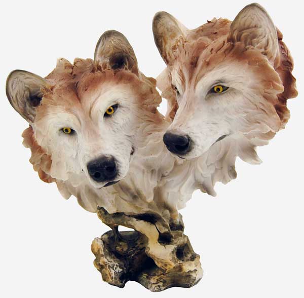 Wolf Heads On Wooden Base H10.5cm