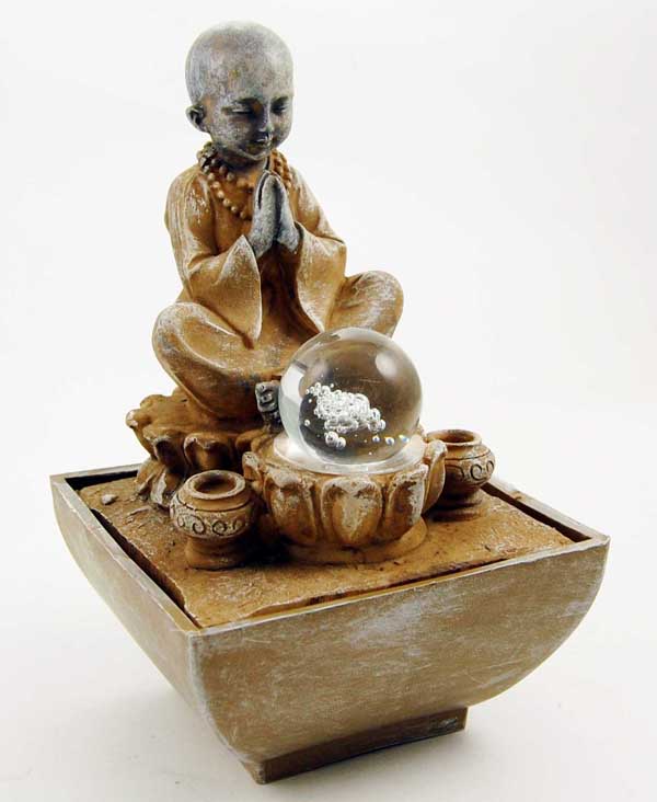 Fountain Buddhist Monk Natural With Light And Rolling Ball 14X14