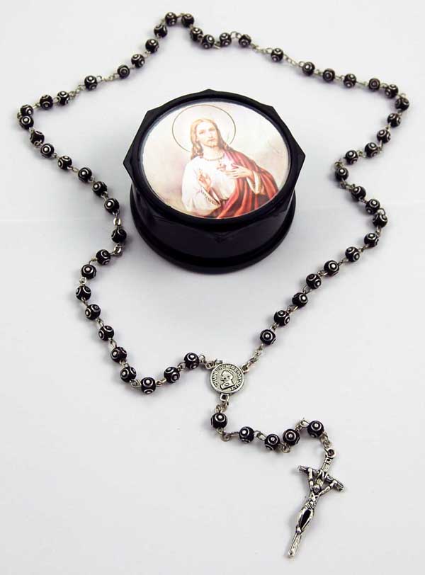 Rosary Beads Black And Silver Wooden Beads With Black Gift Box