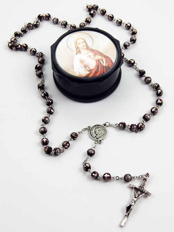 Rosary Beads Red And Silver Wooden Beads With Black Gift Box