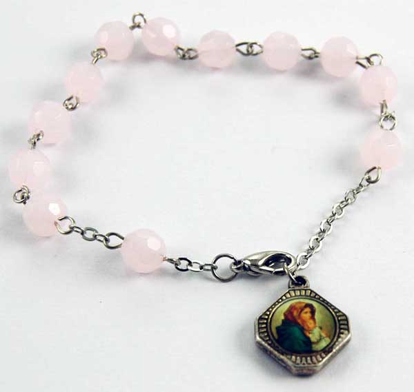 Bracelet Rosary Glass Beads Pink With Icon