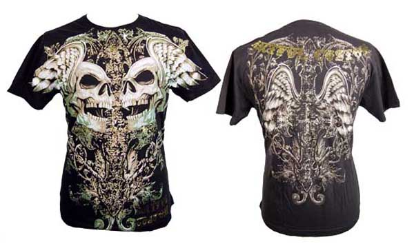 T-Shirt Medium Gold Double Skull And Wings Artful Custom