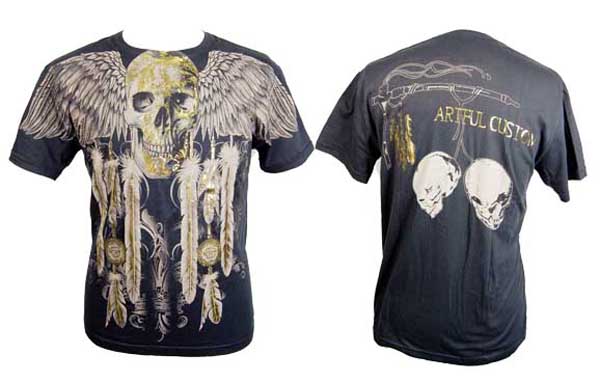 T-Shirt Large Gold Skull With Wings And Feathers Artful Custom