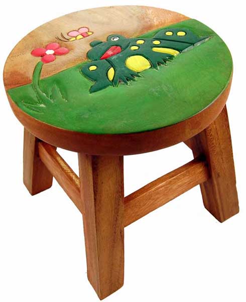 Stool Wooden Frog And Flower 25cm(H)