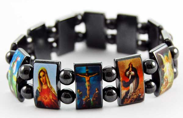Bracelet Icon Magnetic Hematite Jesus And Mary With Angels 12pcs