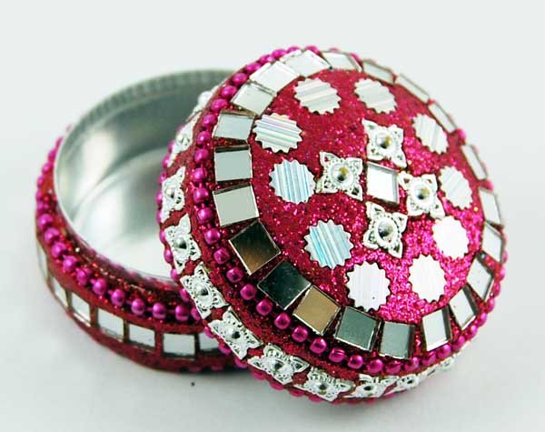 Trinket Box Circle Dark Pink Mirrored W4.5xd3cm