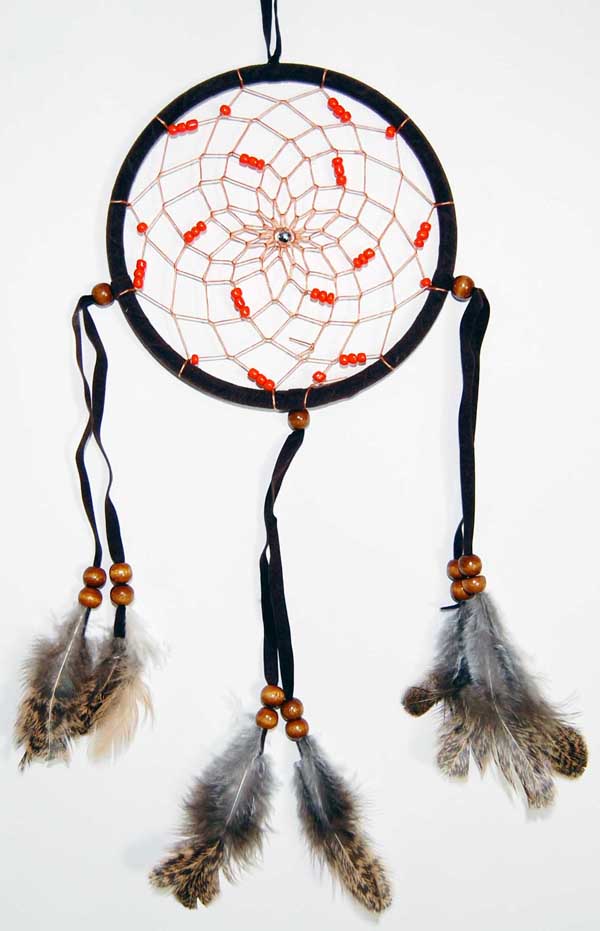 Dream Catcher Natural With Feathers And Orange Beads 5 Inch