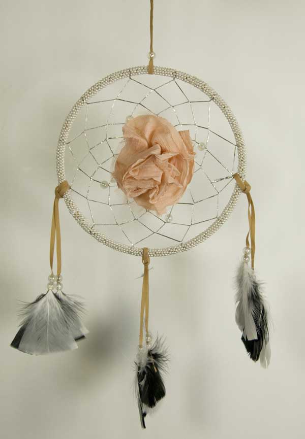 Dream Catcher Beaded White With Rose 6 Inch