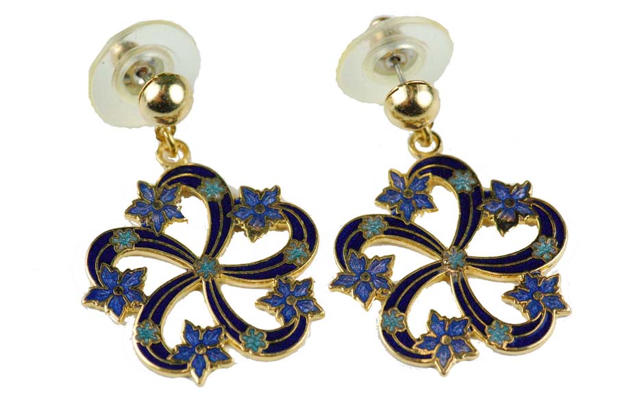 CLOISONNE EARRING FLOWERS WITH DANGLY BALL