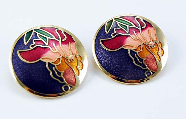 Earring Cloisonne Floral Clip On