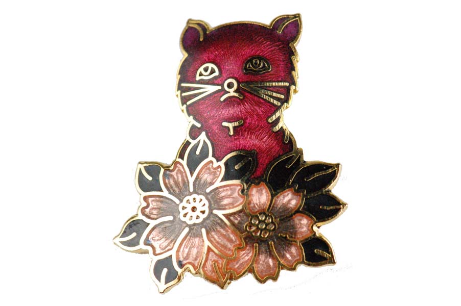 CLOISONNE BROOCH CAT WITH FLOWERS